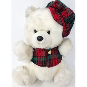 Jingle Bear Jr. White‎ Teddy Bear Plush Puppet 12" Plaid Vest/Hat Vintage X-Mas